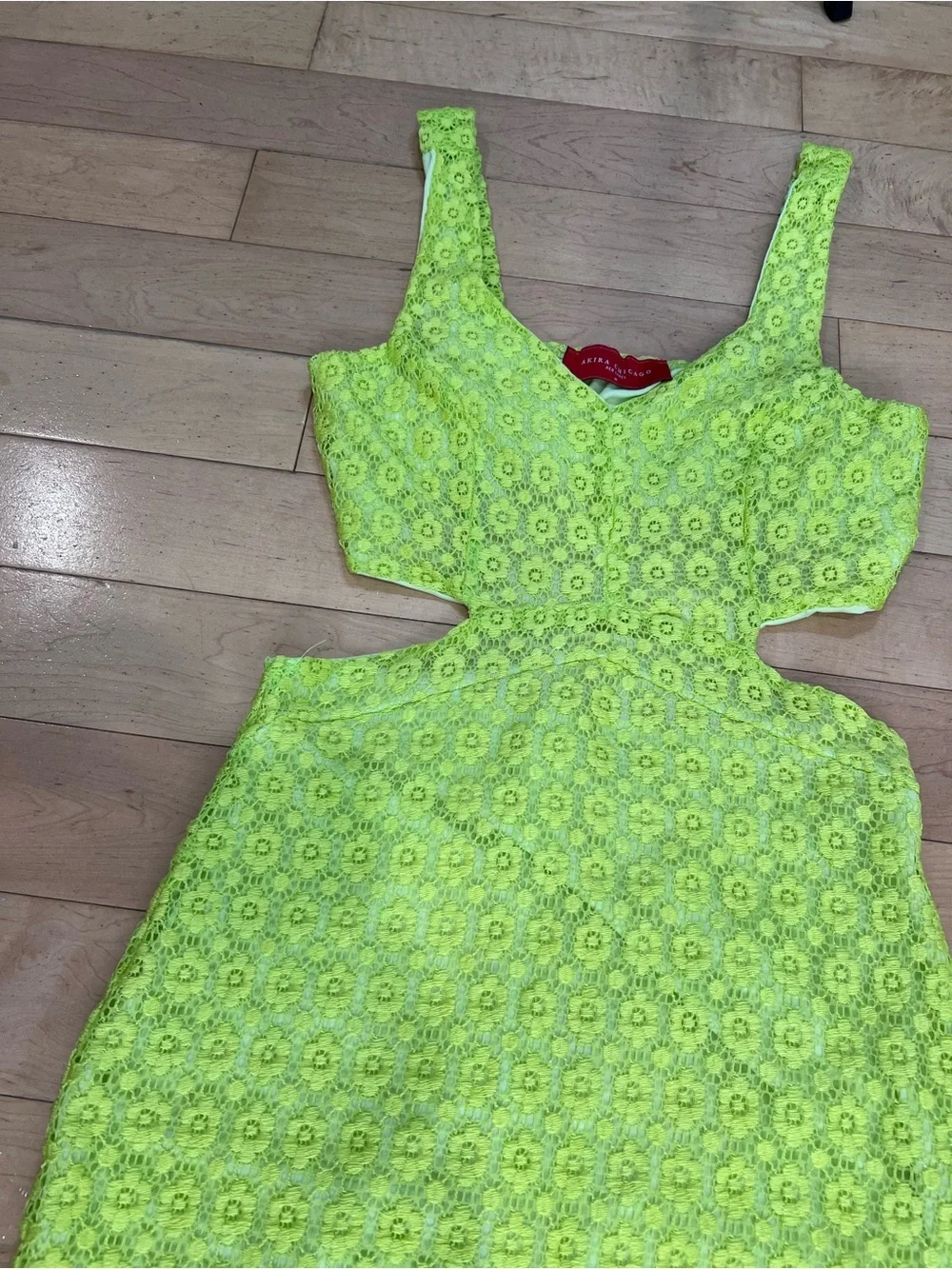 Akira Chicago Red Label Women's Medium Neon Lime Green Floral Lace Cutout Sheath - Picture 8 of 13